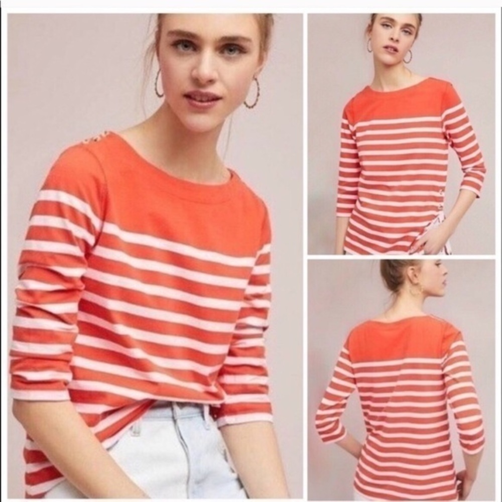 Anthropologie Meave Orange Striped Button Side Top - Picture 3 of 15